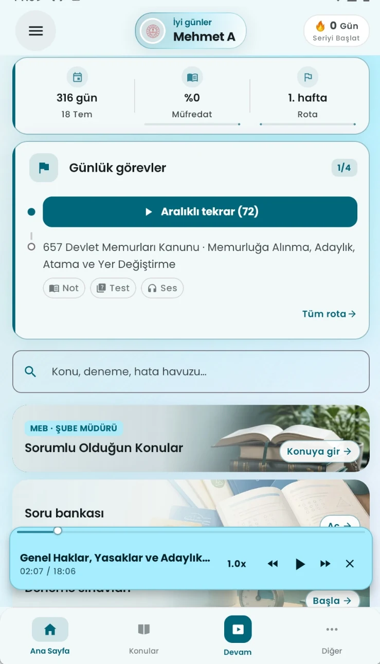 GYS Asistan Mobil Uygulama Ana Ekranı - Canlı Sayaç, Görevler ve Sesli Ders